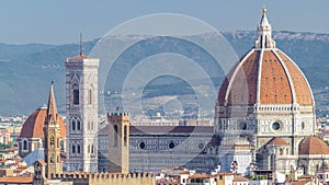 Duomo Santa Maria Del Fiore timelapse and Bargello in the morning from Piazzale Michelangelo in Florence, Tuscany, Italy