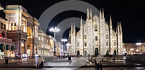 Duomo Square. Duomo di Milano Cathedral, Galleria Vittorio Emanuele II and Equestrian Statue. Milano, Italy