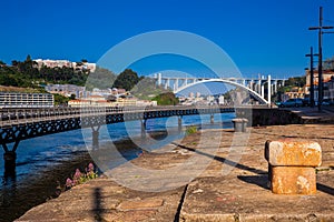 Duoro River and the Cais das Pedras Viaduct in a beautiful early spring day at Porto City in Portugal