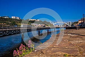 Duoro River and the Cais das Pedras Viaduct in a beautiful early spring day at Porto City in Portugal