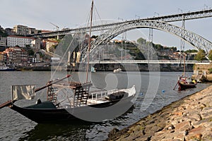 Duoro river at Porto, Portugal. Ribeira quarter and Luis I bridge