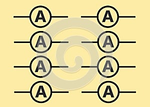 Duplicates of the electrical electronic symbol of an ammeter light yellow beige backdrop