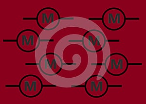 Duplicates of the electrical electronic symbol of the motor component bright maroon red backdrop