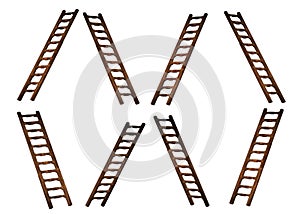 Duplicates of a working ladder leaned at an angle against a white backdrop photo