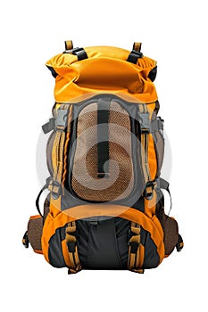 This durable backpack showcases a robust design, ideal for hiking trips in the mountains, featuring a rich orange color and ample photo