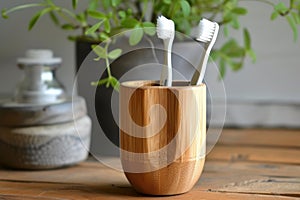 Durable Bamboo toothbrush holder banner. Generate ai