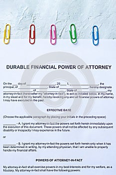 Durable financial Power of Attorney Form or POA document