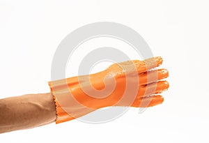 Durable gloves for peeling vegetable and cooking on white background