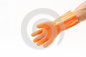 Durable gloves for peeling vegetable and cooking on white background