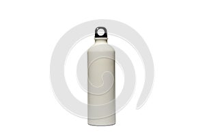 A durable, high-quality, reusable white stainless steel bottle on an isolated white background as an alternative to plastic bottle