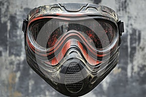 Durable paintball protective mask with paintball impact marks and colorful splatter effects