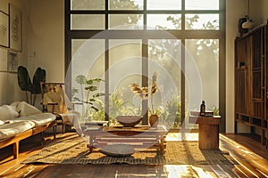 Durable wooden furniture, morning sun, wide shot, rich textures, lasting beauty