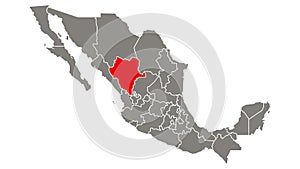 Durango state blinking red highlighted in map of Mexico