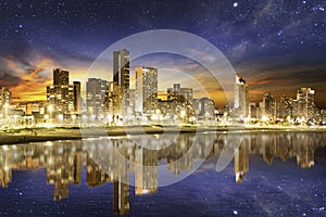 Durban city beachfront buildings illuminated at night