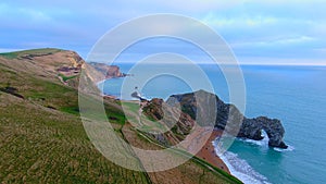 Durdle Door at the Jurassic coast in England - aerial view