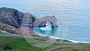 Durdle Door at the Jurassic coast in England - aerial view