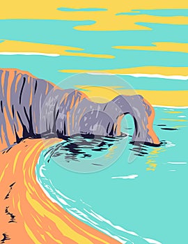 Durdle Door on the Jurassic Coast near Lulworth in Dorset England Art Deco WPA Poster Art