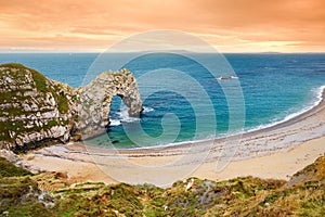 Durdle Door, natural limestone arch on the Jurassic Coast near Lulworth in Dorset, England.