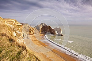 Durdle Door rock arch in Southern England from above