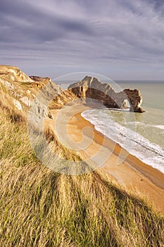 Durdle Door rock arch in Southern England from above