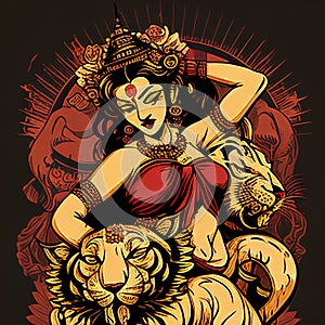 Durga godess winks with tiger  Generative AI