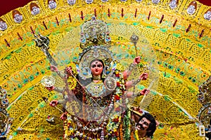 Durga idol on lion and asura for worship in kolkata india. festival photo