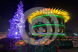 Durga Puja Pandal (decorated temporary temple)., Kolkata at night, India