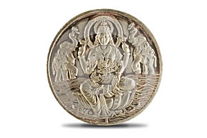 Durga, Saraswati or laxmi silver coin isolated on white background . indiaan god
