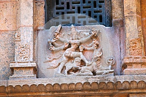 Durga slaying the demon, north wall, Subrahmanyam shrine, Brihadisvara Temple complex, Tanjore, Tamil Nadu