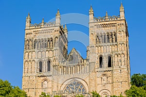 Durham Cathedral exterior during sunny summer day. Close up zoomed photo from public park