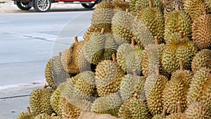 Durian is on the counter of a street store. Exotic fruits of Thailand and Asia. The king of fruit Thailand, tropical