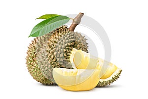 Durian fruit with slices and leaves