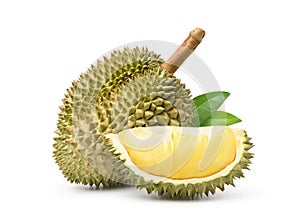 Durian fruit with slices and leaves