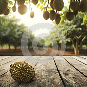 Durian fruit on wooden table with blur durian plantation background