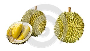 Durian fruits with cut in half isolated on white background set.