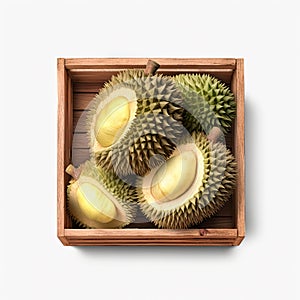 Durian fruits in wooden crate isolate on white background.