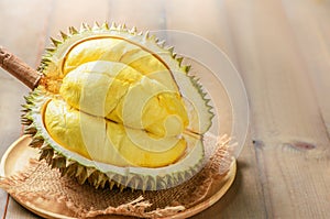 Durian Kan yao or Durio zibthinus Murray on wood plate. King of fruits of Thailand