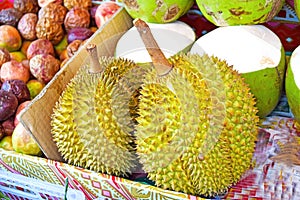 Durian - king of fruits in Thailand. Exotic tropical fruit durian on the counter in the market