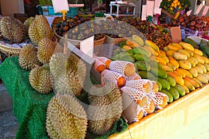 Durian, rambutan, mangosteen, longan fruits are sold at a bazaar in Thailand. Travel. Asia. Healthy diet