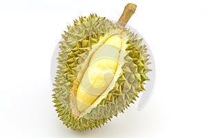 Durian ripe and part with spikes on white background