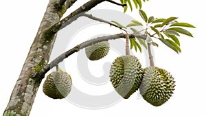 Durian tree with durian fruit growing on the tree. Isolated