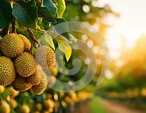 Durian tree with large yellowish brown fruits in lush orchard, illuminated by warm sunlight. scene captures beauty of nature and photo