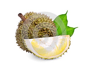 Durian tropical fruit with green leaf isolated on white