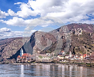 Durnstein village during spring time with ruin of castle on the rock over Danube river in Wachau, Austria