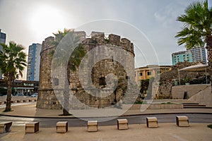 DURRES, ALBANIA: View of the ancient Venetian Tower in the historical center of Durres.