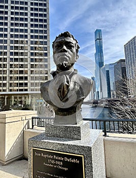 Bust of Haitian born fur trader, Jean Baptiste Pointe DuSable, the founder of Chicago, in Chicago Illinois USA