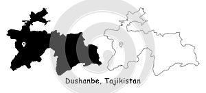 Dushanbe, Tajikistan. Detailed Country Map with Location Pin on Capital City.