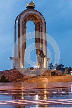 DUSHANBE, TAJIKISTAN - MAY 14, 2018: Evening view of Ismoil Somoni monument in Dushanbe, Tajikist