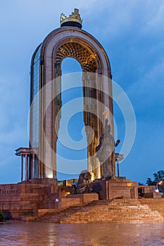 DUSHANBE, TAJIKISTAN - MAY 14, 2018: Evening view of Ismoil Somoni monument in Dushanbe, Tajikist