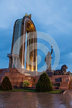 DUSHANBE, TAJIKISTAN - MAY 14, 2018: Evening view of Ismoil Somoni monument in Dushanbe, Tajikist